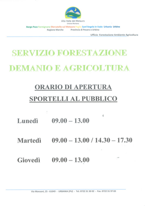 nuovi orari di apertura al pubblico   Servizio Forestazione Ambiente Agricoltura 01